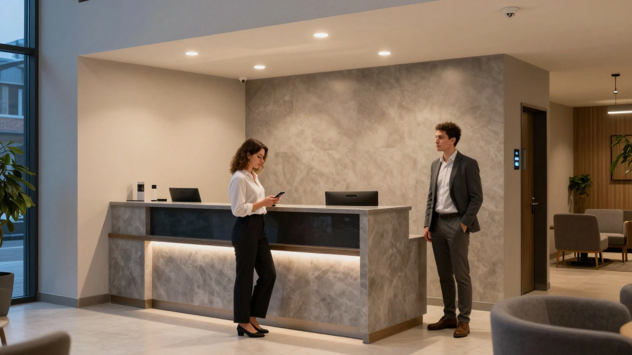 Güvenli bir otel lobisinde, bir kadın ve bir erkek profesyonel bir ortamda buluşuyor.