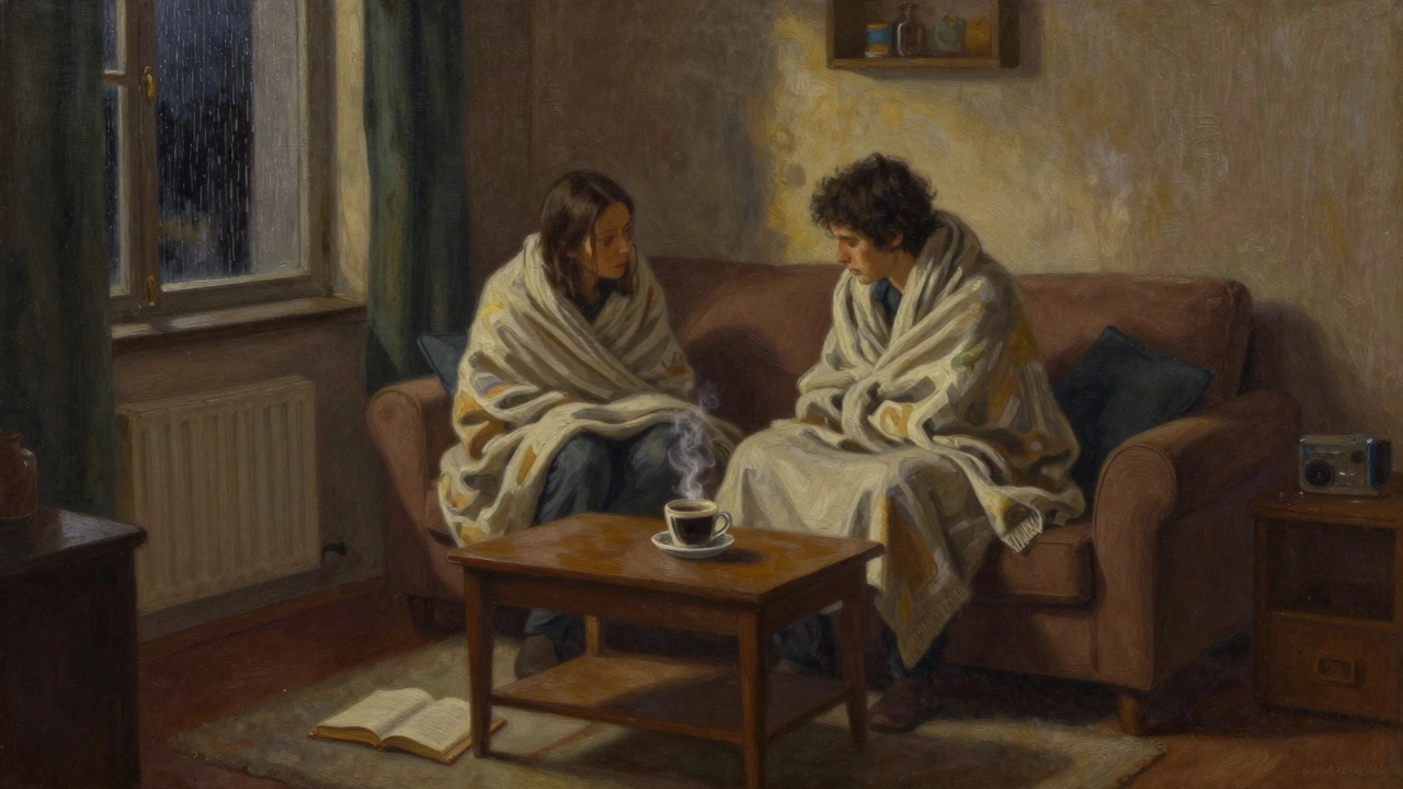 İki kişi bir apartman daresinde battaniyeyle sarılıp kahve içiyor.