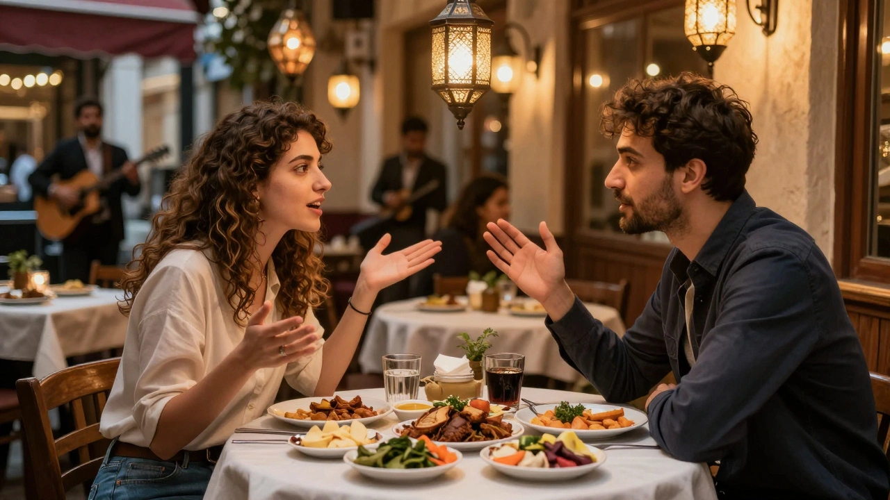 İki kişi Karaköy'de bir restoranda meze paylaşırken sohbet ediyor.