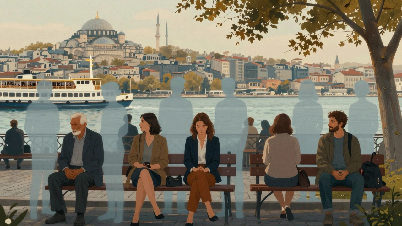 İstanbul&#039;da yalnız kalan farklı bireylerin yanlarında eşlikçi figürlerinin transparan siluetleri.