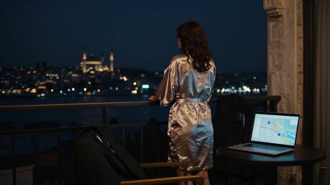 İstanbul'un gece manzarasına bakan bir kadın, otel balkonunda, sırtı dönmüş.