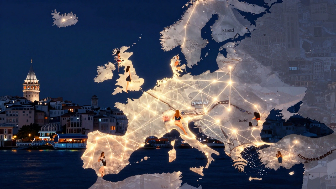 İstanbul'un haritası, ziyaretçiler ve eşlik edenler arasındaki bağları gösteren ışık telleriyle kaplı.