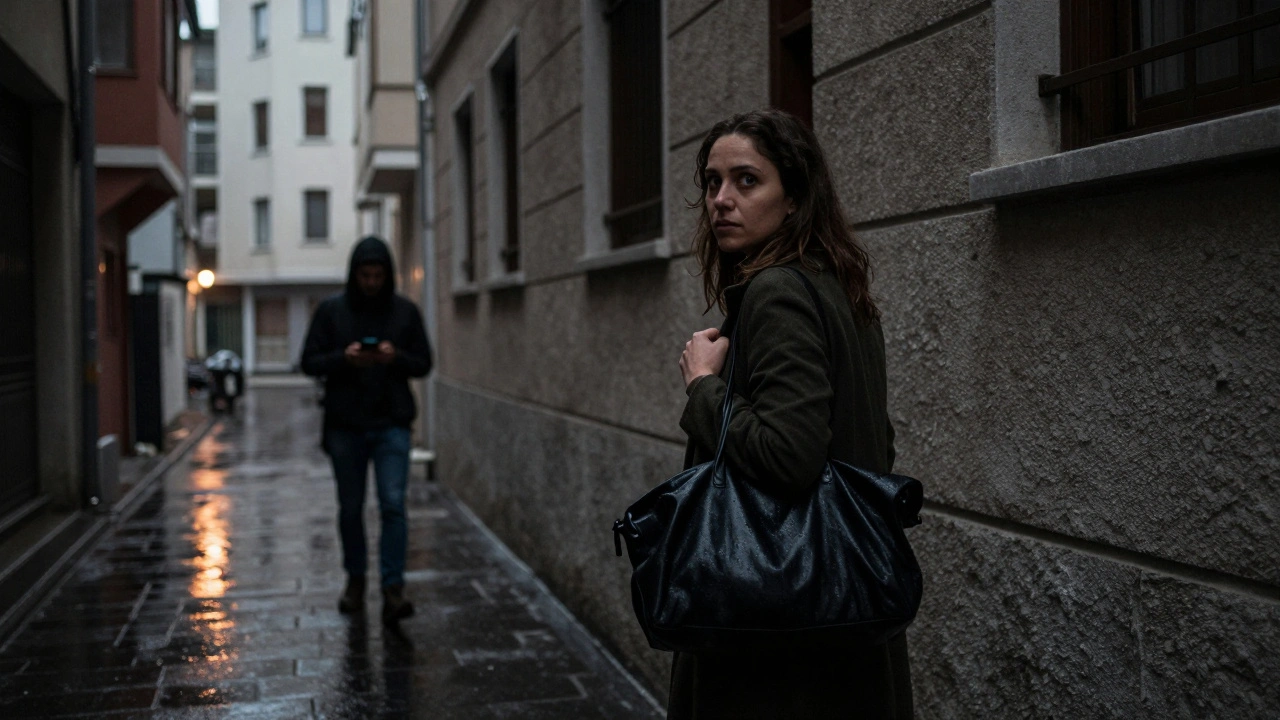 İstanbul&#039;un karanlık bir sokağında bir kadın korkuyla arkasına bakıyor.