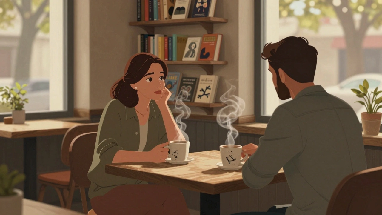 Kahve içen bir kadın ve müşteri, kitaplık arkasında sıcak bir kafe ortamında.