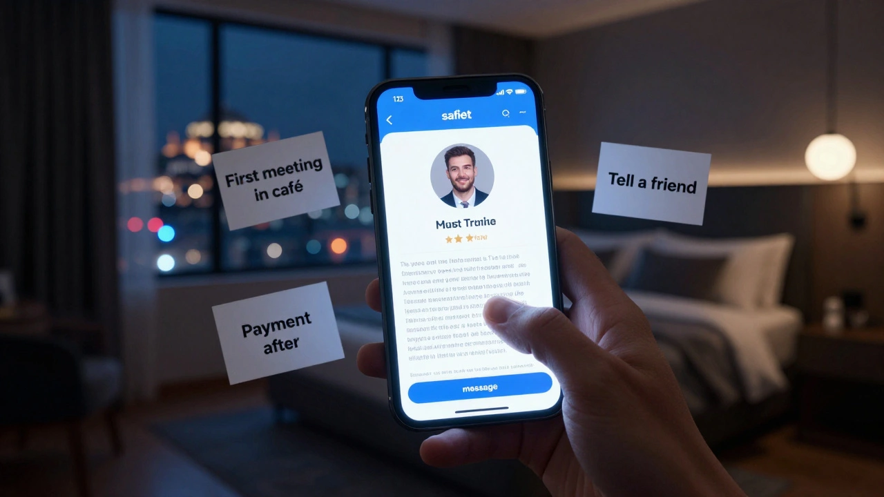Karanlık bir otelede bir akıllı telefon ekranında güvenli eşlik hizmeti profili görülüyor.