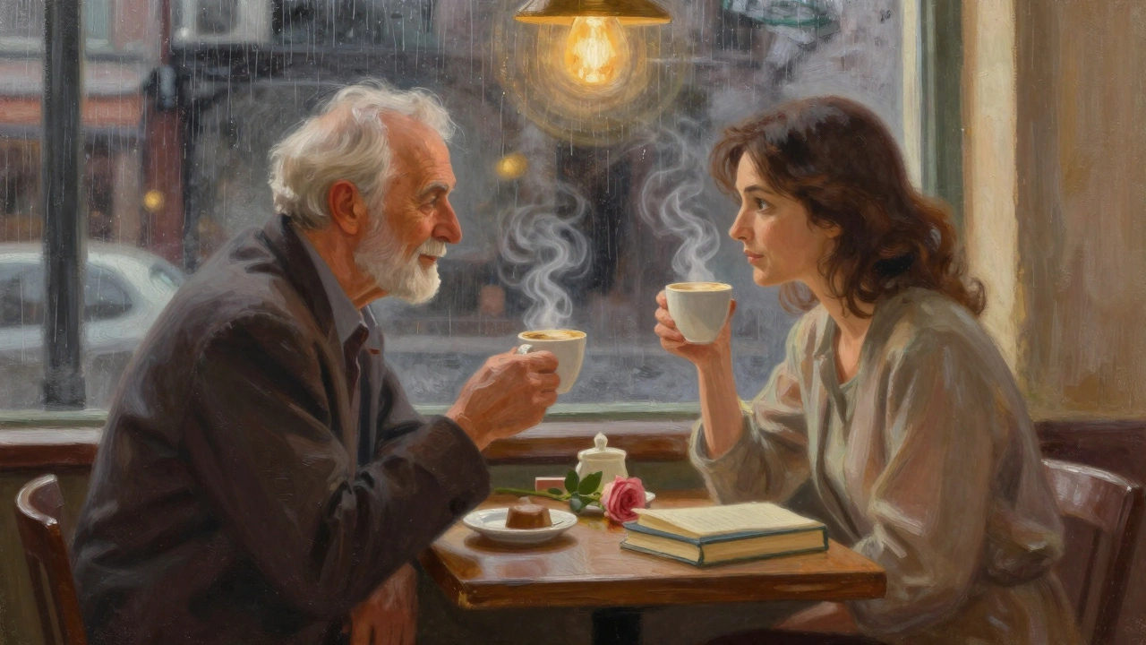 Kartal'da kahve içen iki kişi, ılık ışıkta sessiz bir an paylaşırken.