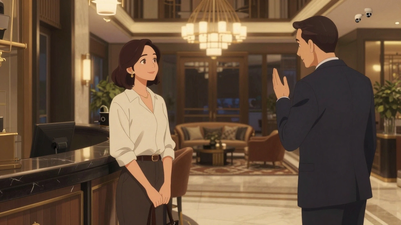 Lüks bir otel lobisinde, profesyonel bir eşlikçi ve müşteri saygıyla karşılıklı bakışıyor.