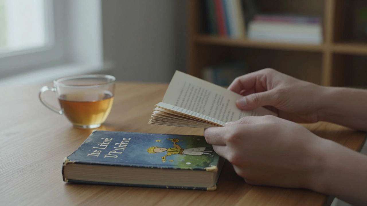 Masada 'Küçük Prens' kitabı ve çay kupasıyla birlikte iki el, yüzler görünmüyor.