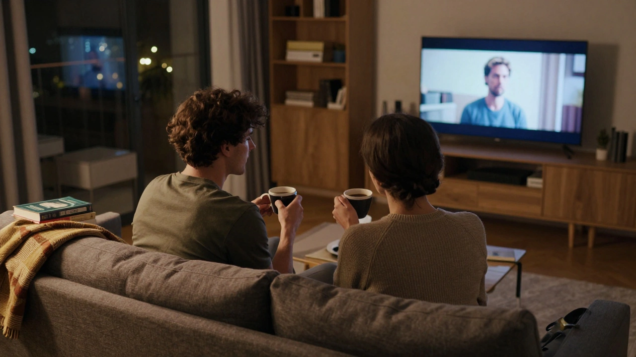 Modern bir oturum odasında kahve içen iki kişi, hafif ışıkta sakin bir sohbet sürüyor.