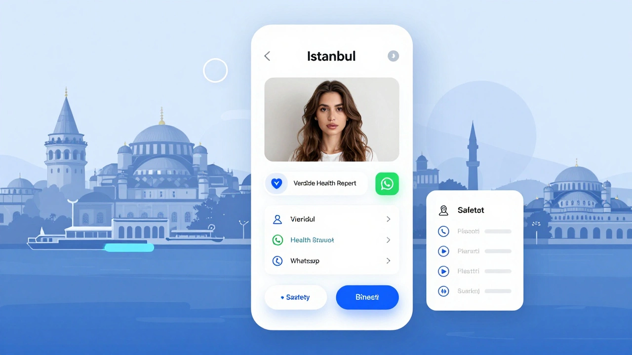 Modern bir uygulama ekranı, kadın profili ve güvenlik kontrol listesi gösteriyor.