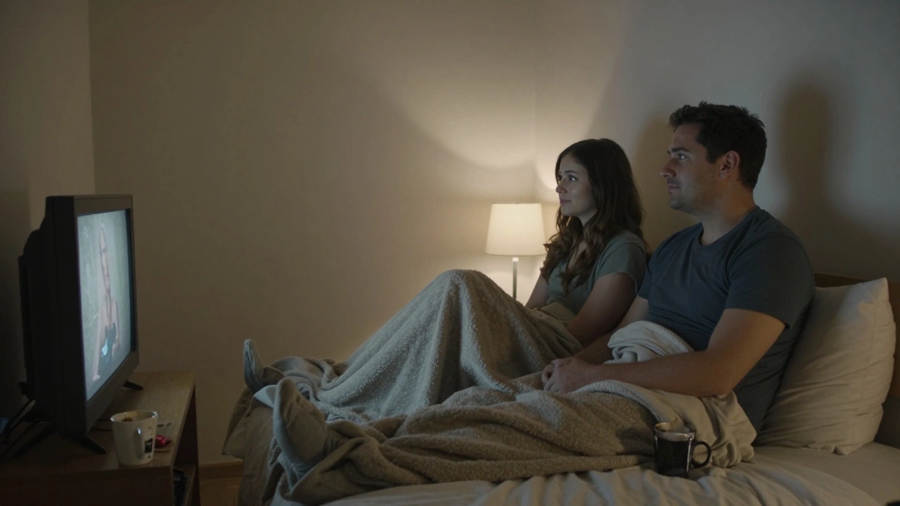 Sessiz bir film izlerken bir kadın ve bir erkek, yatak kenarında hafifçe oturuyor.