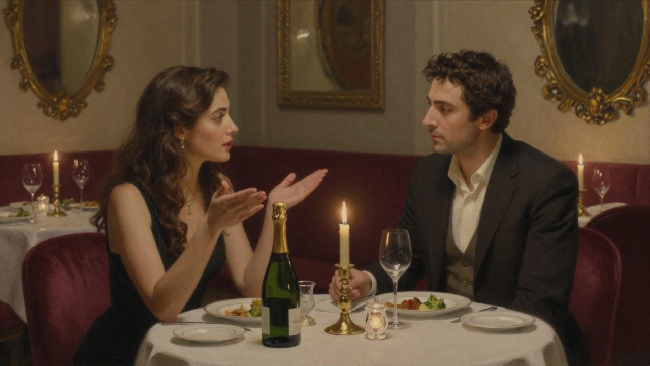 Şık bir restoranda mum ışığında bir çift, zarif bir akşam yemeği paylaşıyor.