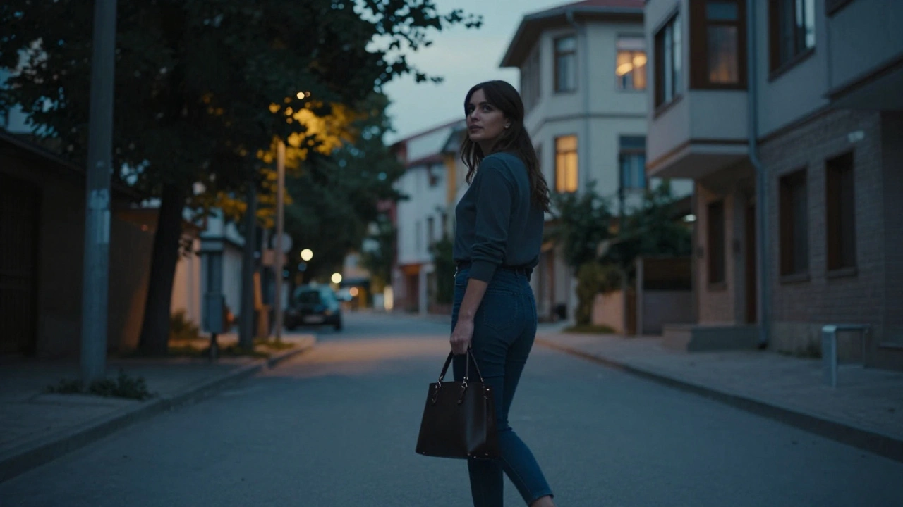 Sultanbeyli&#039;de gecenin başlarında, bir kadın güvenli bir şekilde yürüyor.