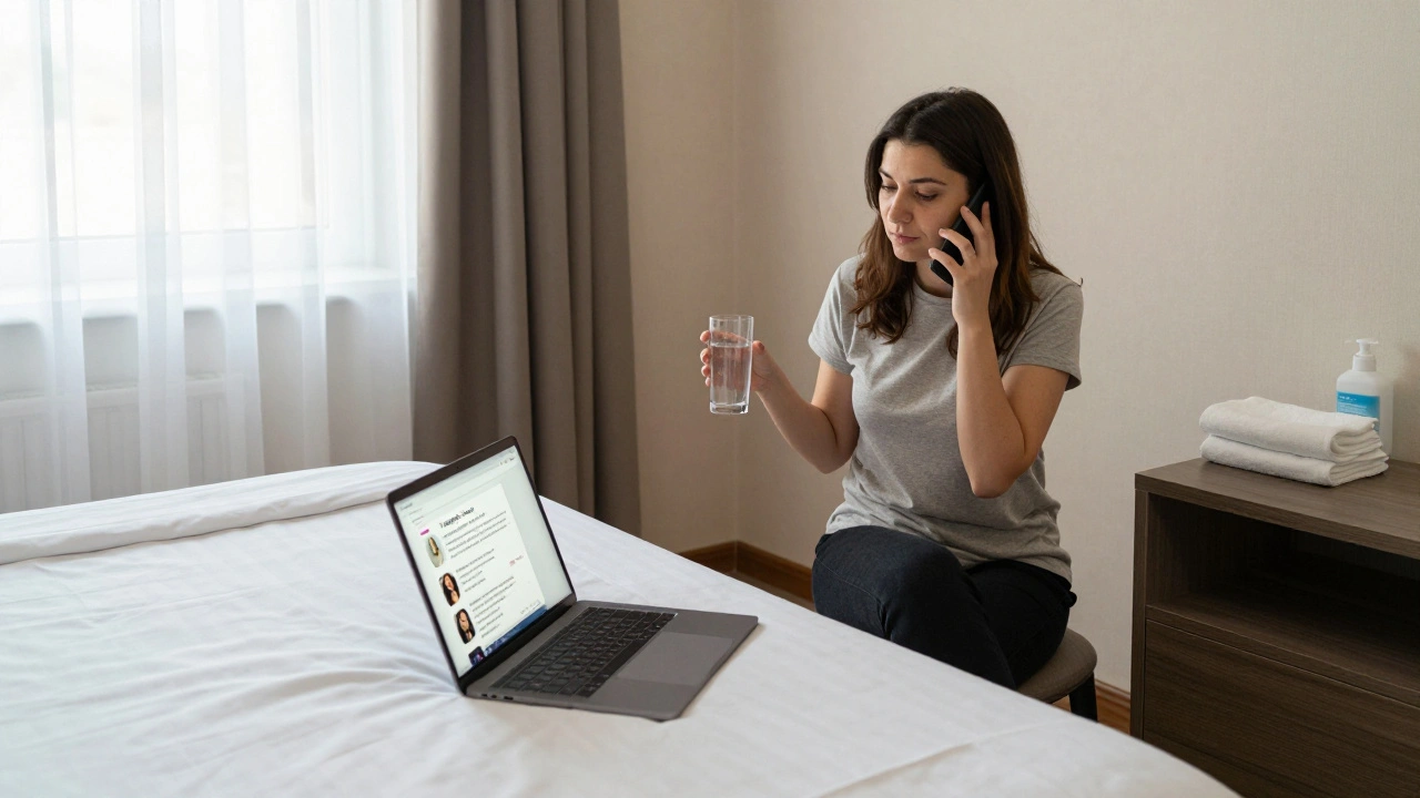Temiz bir otel odasında, bir kadın telefonla konuşurken, yorumlar görünen bir laptop ekranı ön planda.