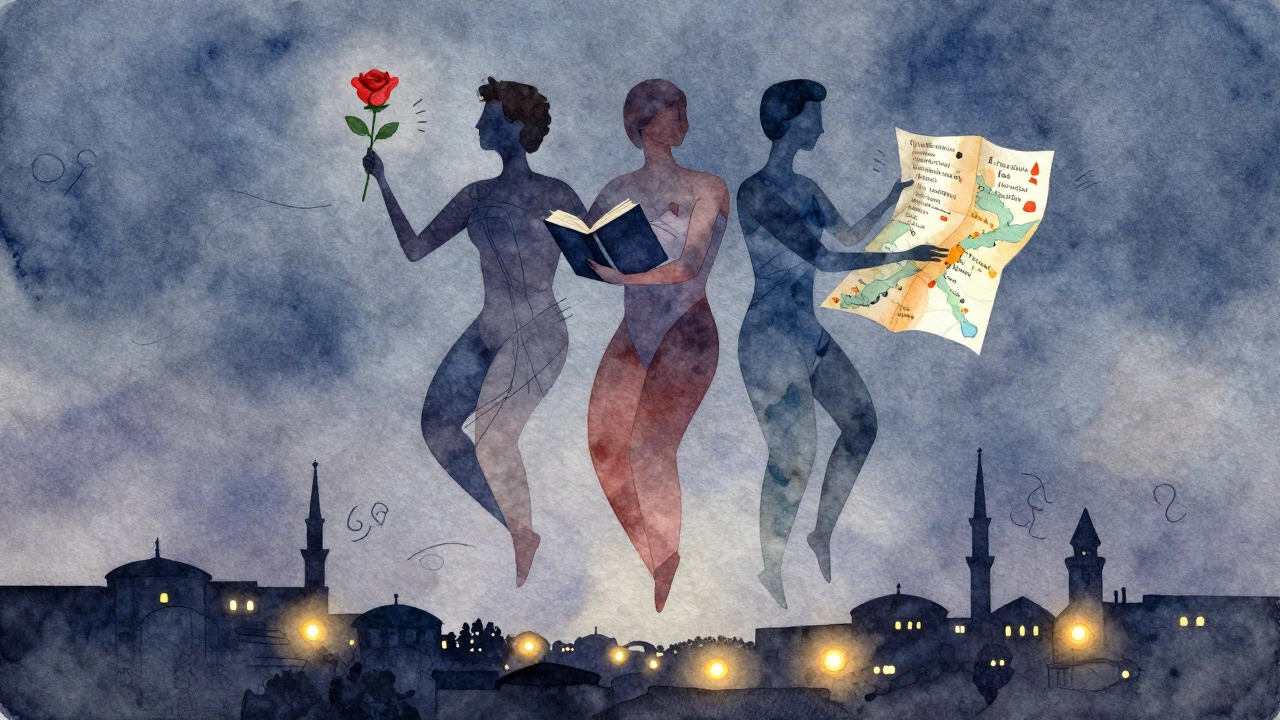Üç figür, bir gül, bir şiir kitabı ve bir harita ile duygusal bir bağ kuruyor, Celaliye manzarasının üzerinde.