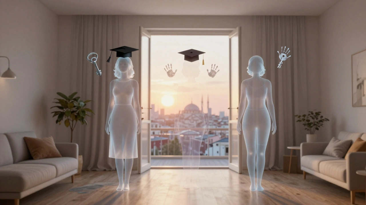 Üç kadın, evde simgesel nesnelerle birlikte doğuşu temsil ediyor.