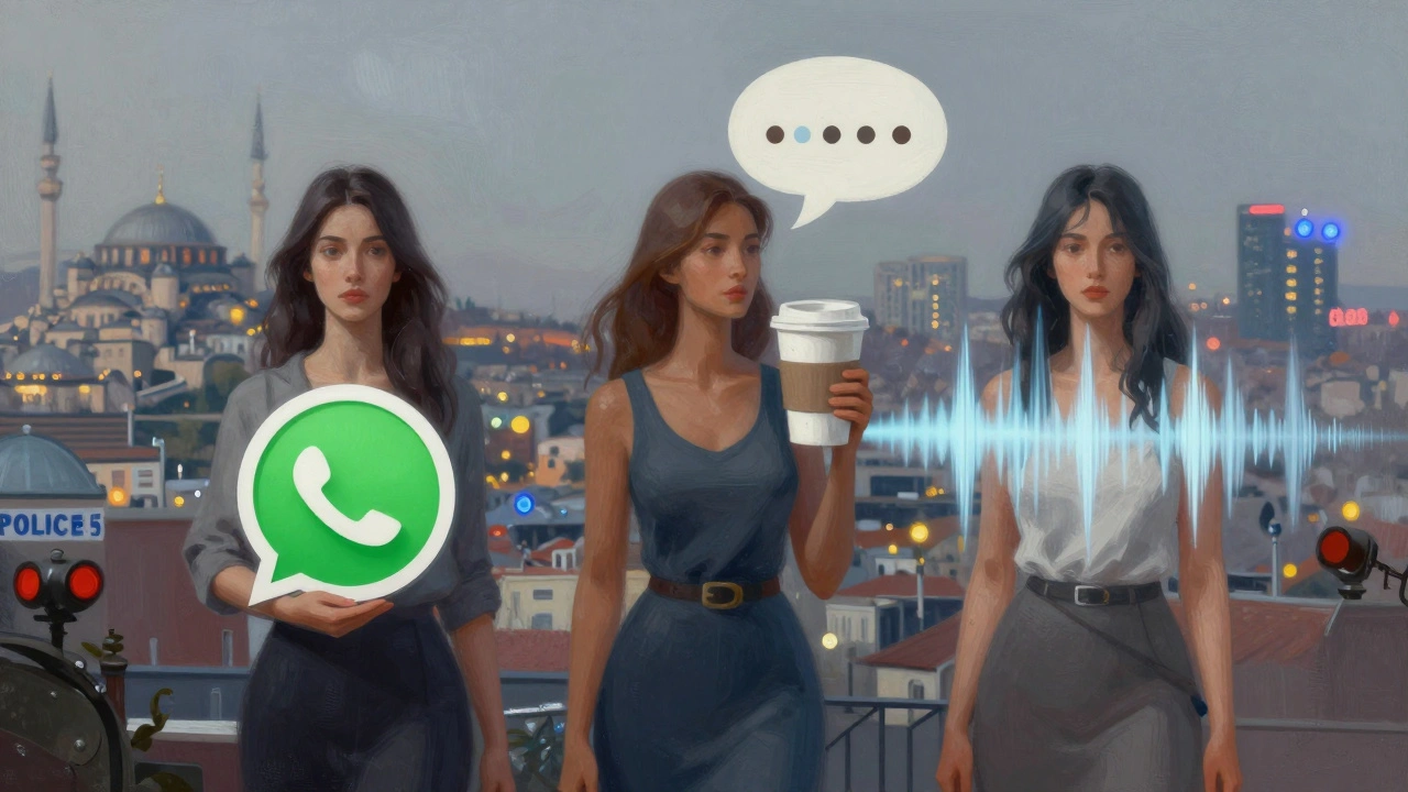 Üç soyut kadın figürü, WhatsApp, kahve ve ses dalgalarıyla İstanbul manzarasında, polis sireni soluyor.