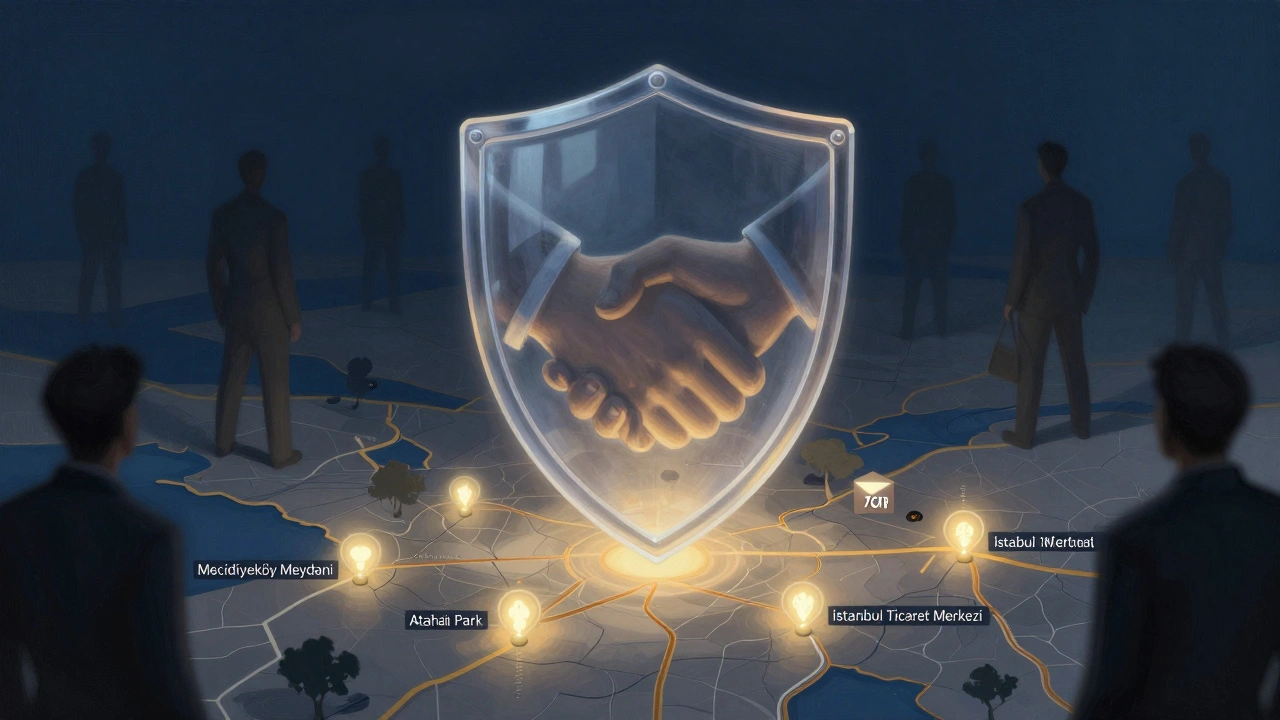 Ataşehir'de güvenli buluşma noktaları ışıltılı bir kalkanla korunuyor, tehlikeli alanlar ise geride kalıyor.