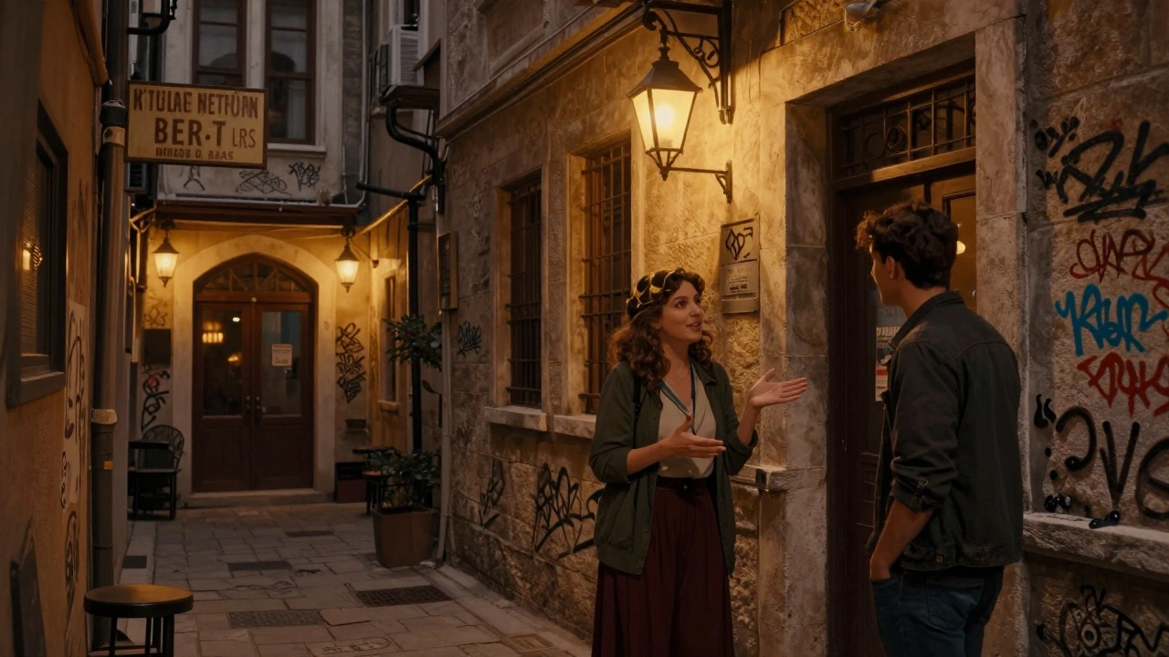 Beyoğlu'nun gizli sokaklarında bir hikaye anlatan kadın, eski binaların arasında.