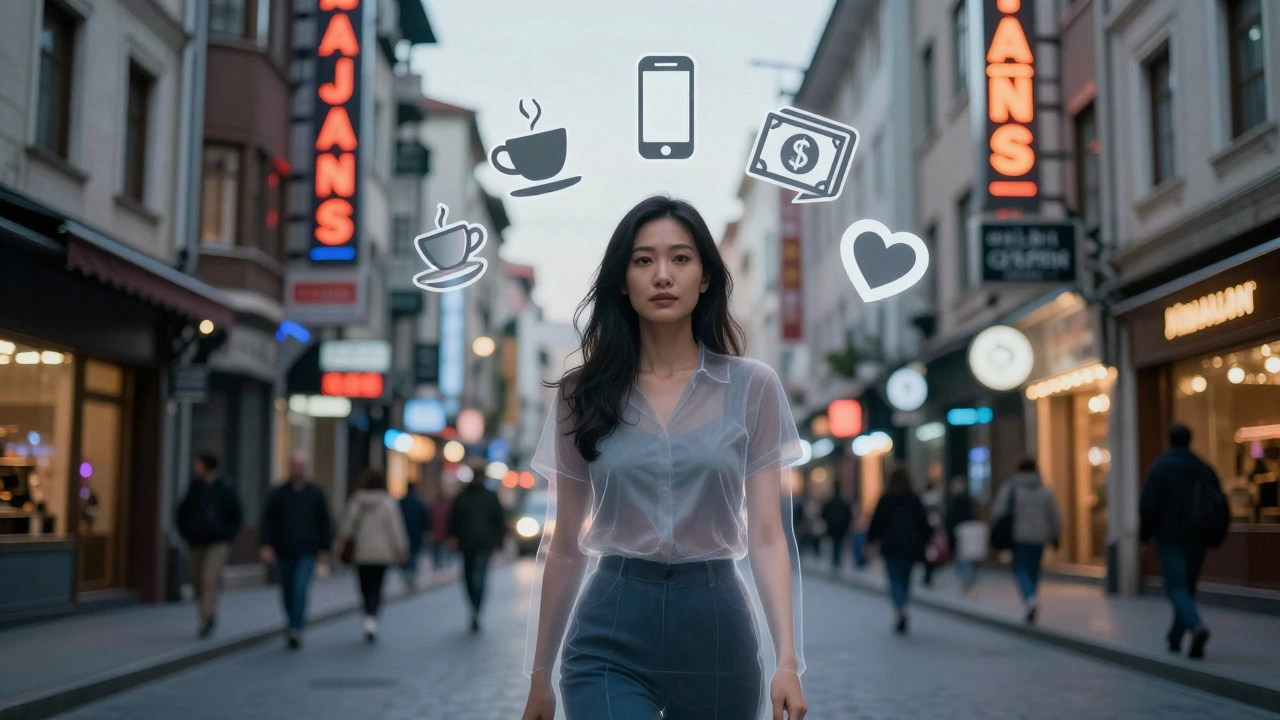 Bir Asyalı kadının şeffaf silueti, kafe, para transferi ve kalp simgeleriyle İstanbul sokaklarında duruyor.
