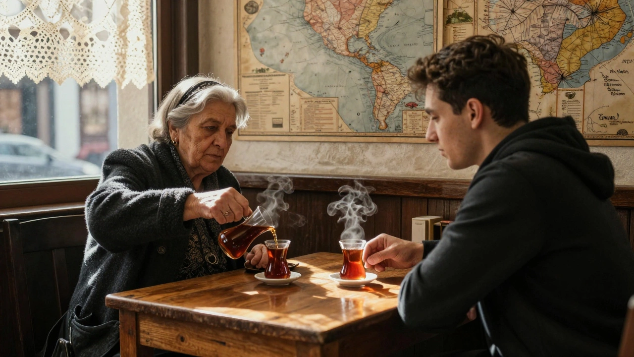 Bir çayhane içinde yerel bir kadın ve bir gezgin çay içerek sessizce konuşuyor.