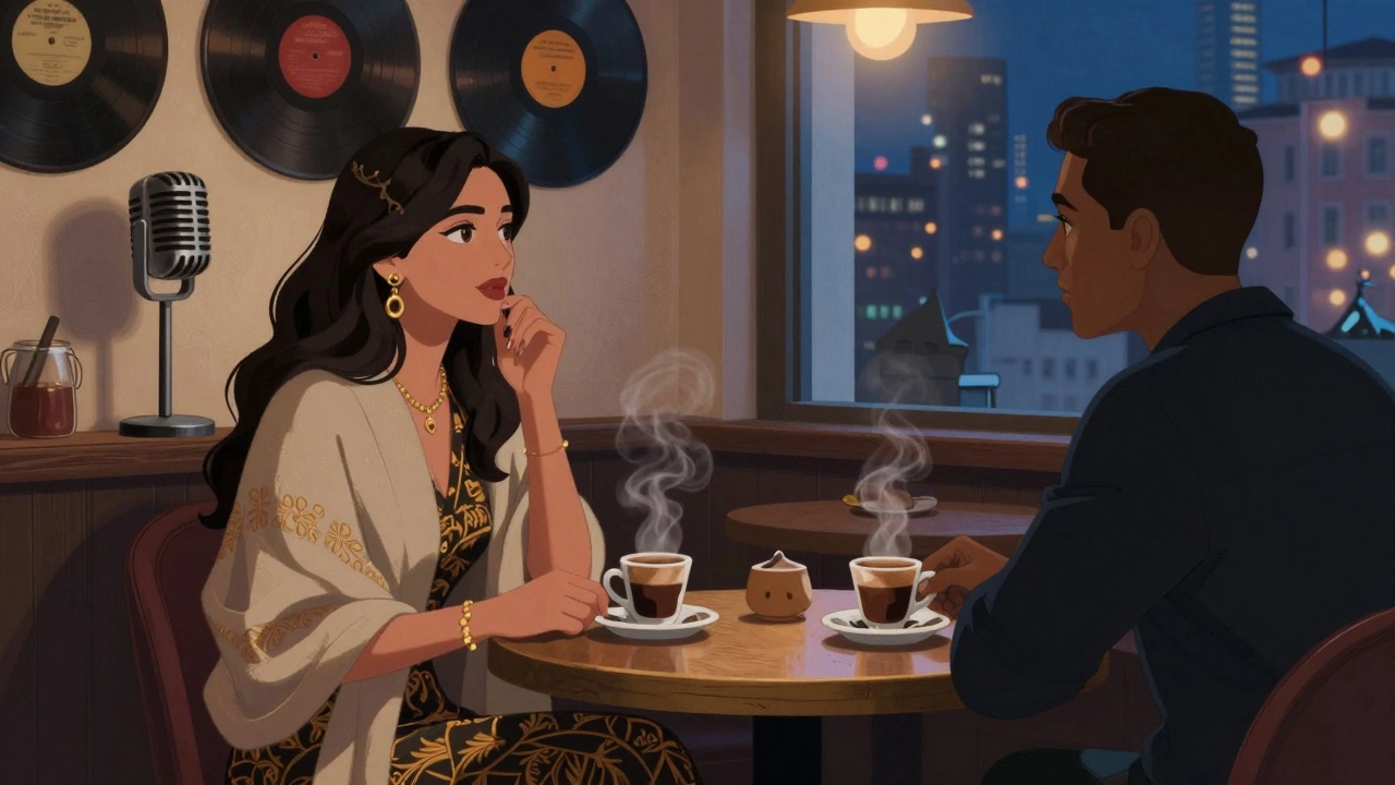 Bir kadın ve bir müşteri, Beyoğlu'da bir jazz kafesinde kahve içiyor, arka planda İstanbul manzarası ve yumuşak ışıklar.