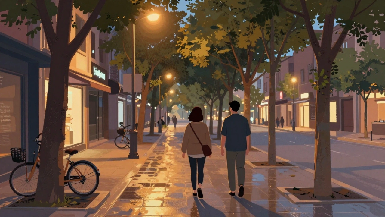 Bir kişi Güneşli Caddesi'nde akşam saatlerinde hafifçe yürüyor, eşlik eden biri arkada, güvenli bir şehir ortamında.