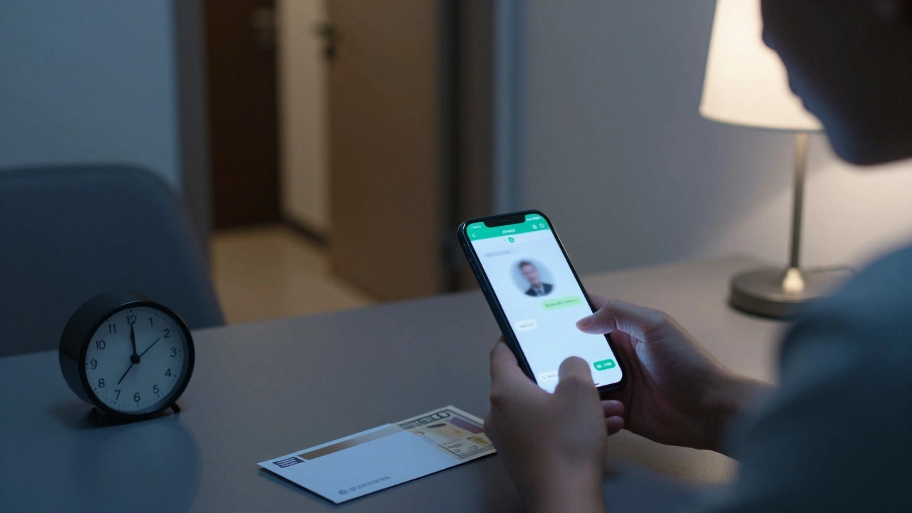 Bir müşteri, WhatsApp mesajı ve nakit zarfla bir otel odasında, dikkatli ve gizli bir ortamda.