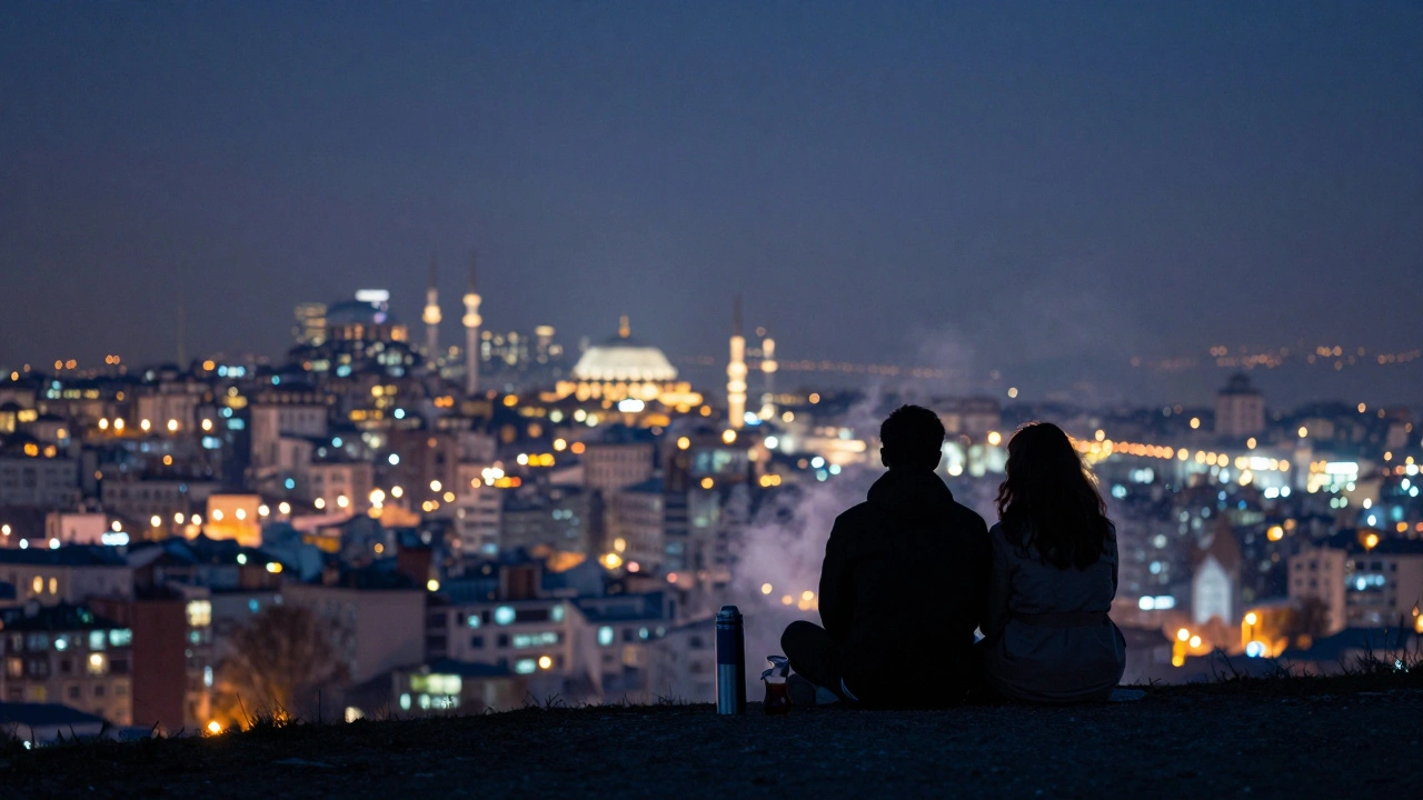 Çamlıca Tepesi'nde İstanbul'un gece manzarasını paylaşan bir çift, çay termosu arasında.
