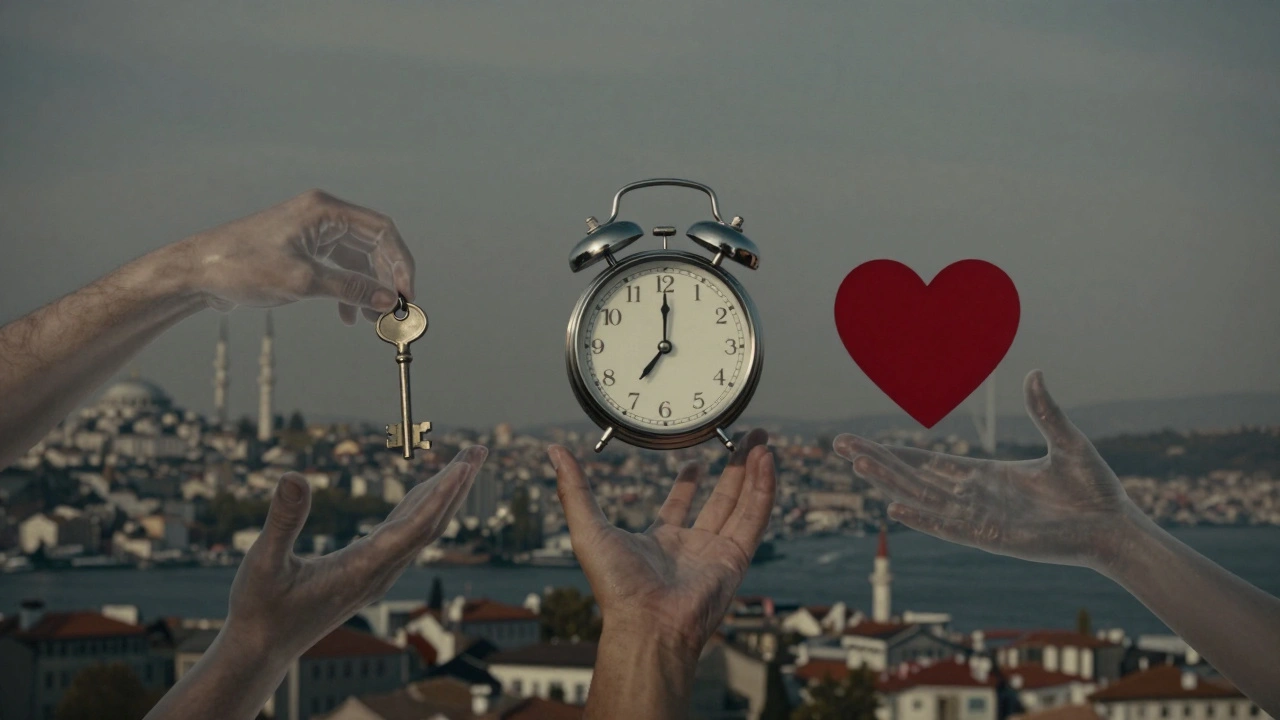 Güven, zaman ve duygusal bağ sembollerini içeren soyut bir kompozisyon.