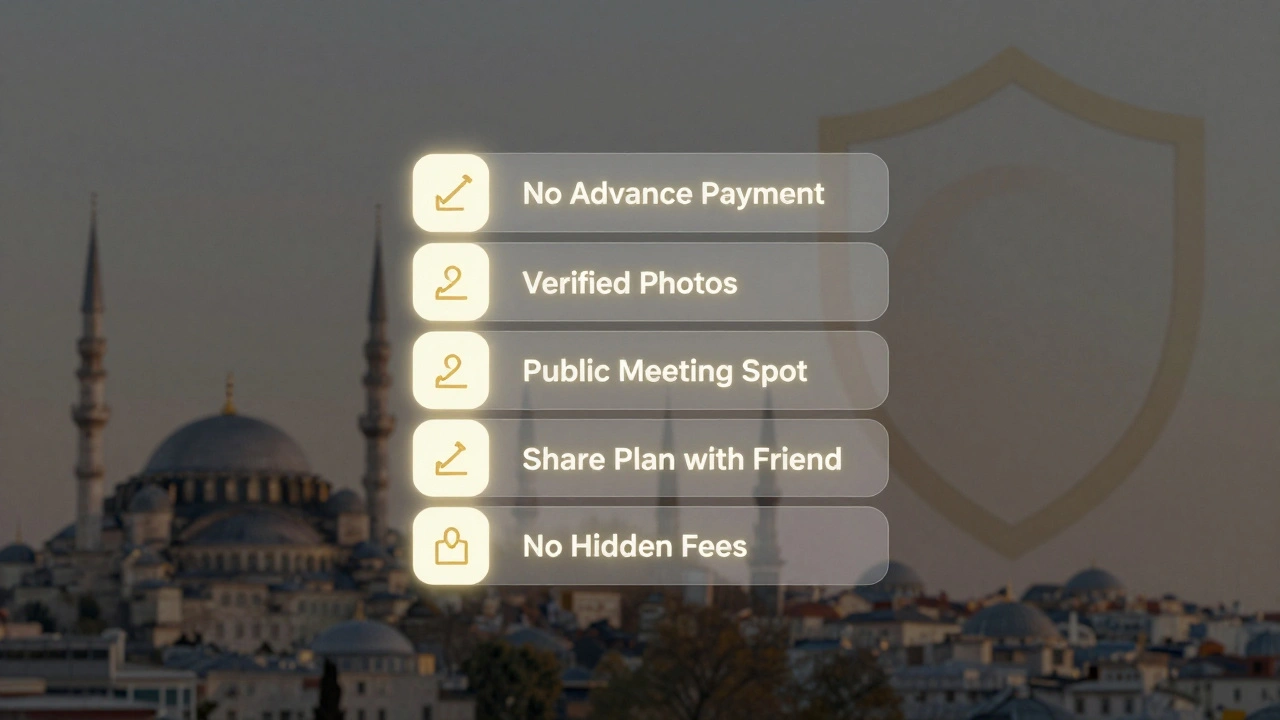 Güvenli bir randevu için bir kontrol listesi dijital olarak uçuyor: 'Ödeme Öncesi İstenmez', 'Doğrulanmış Fotoğraf', 'Kamu Alanı'.
