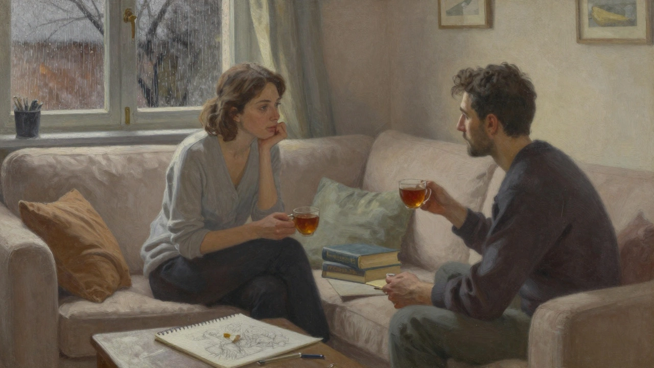 İki kişi, kitaplar ve çayla birlikte sakin bir oturma odasında sohbet ediyor.