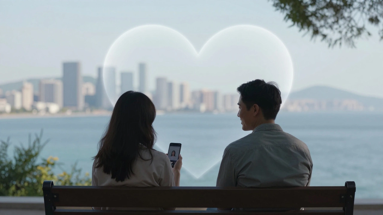 İki siluet, Akdeniz manzarasında bir bankta oturuyor, aralarında bir kalp ışığı var.