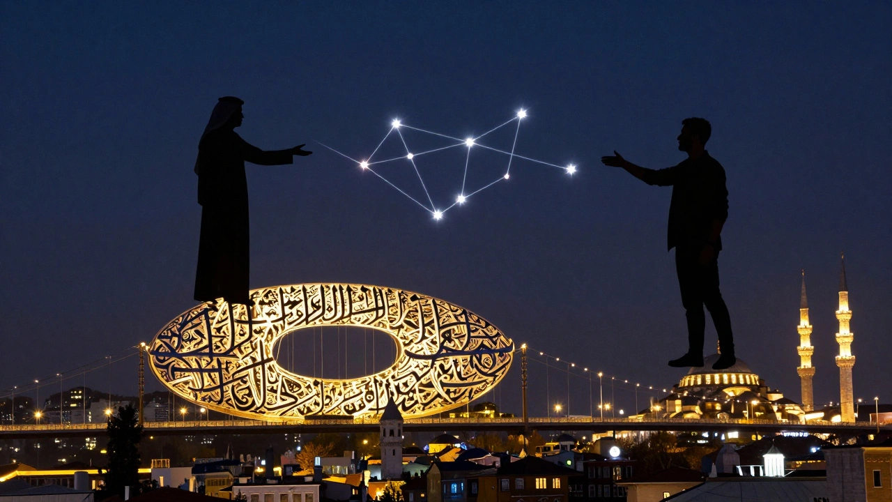 İki siluet, Arapça ve Türkçenin birleştiği ışıklı bir köprü üzerinde, İstanbul'un minareleri üzerinde uçuyor.