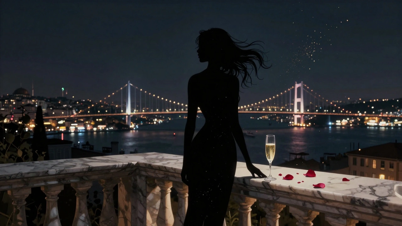 İstanbul'un gece manzarasına bakan bir villa terasında, siluetiyle şıklık ve lüksü temsil eden bir kadın.