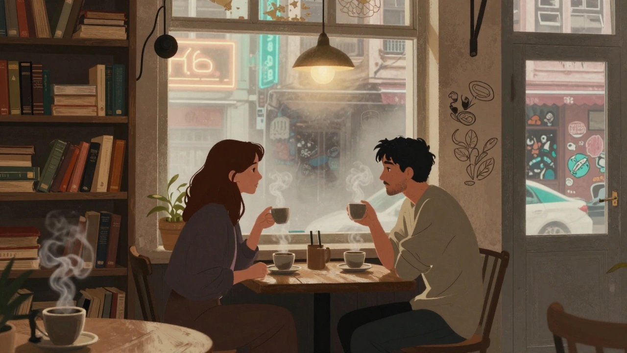 Kadıköy'de gizli bir kafede kitaplarla çevrili bir çift, sıcak çay içiyor.