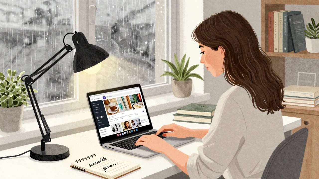 Kartal'da bir kadın, evinde sosyal medya profiliyle çalışıyor ve sessizlik için notlar alıyor.