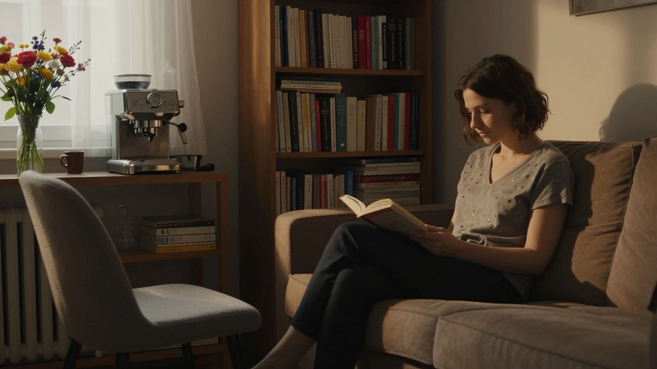 Kartal'da kitaplık ve kahve makinesiyle dolu sakin bir oturma odası.