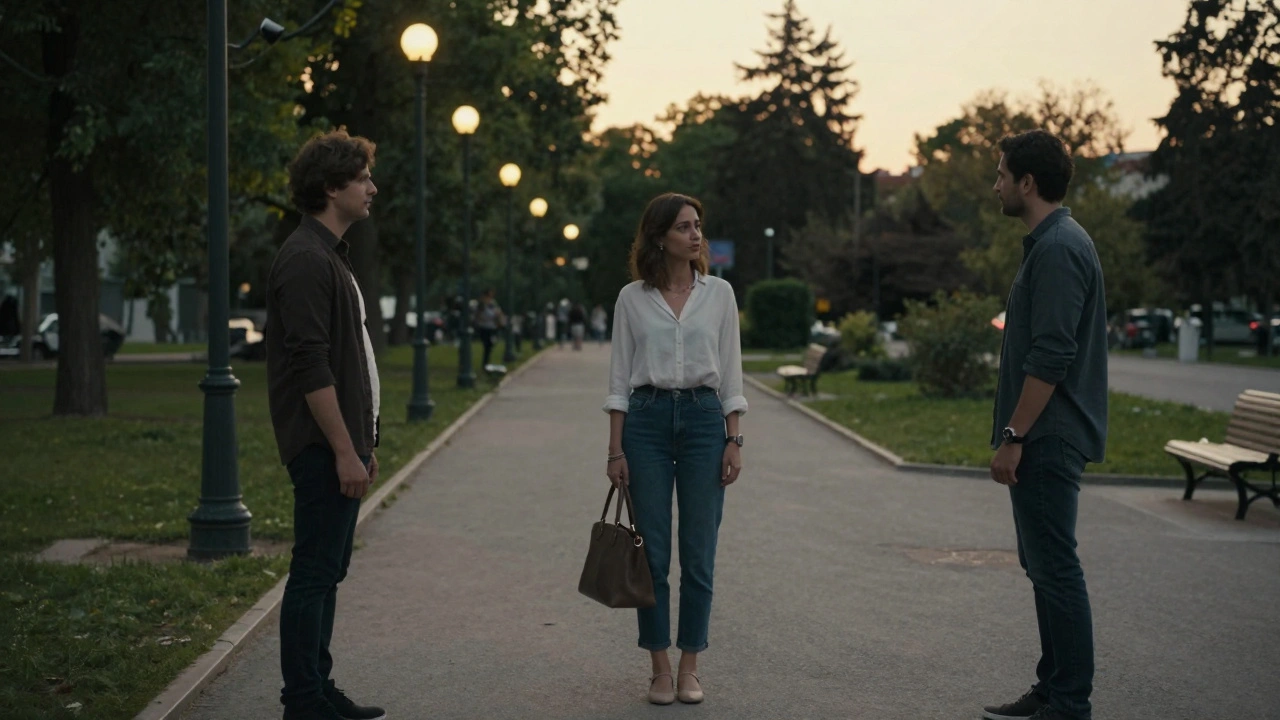 Küçükyalı Park'ta güneşin batışında bir kadın ve bir erkek saygıyla birbirlerine bakıyor, güvenlik kameraları görünüyor.