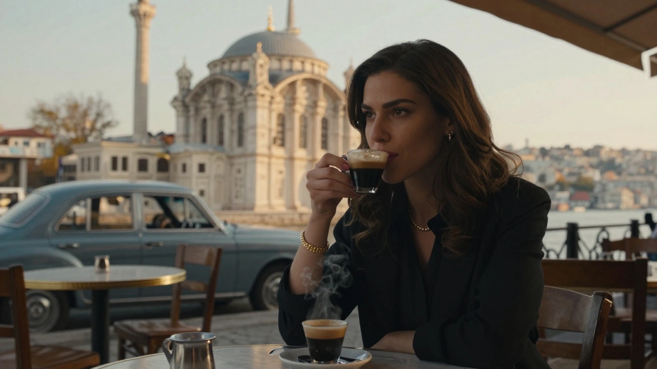 Ortaköy'de bir kafe tablosunda, şık bir kadın kahvesini içiyor, arka planda Ortaköy Camii görülüyor.