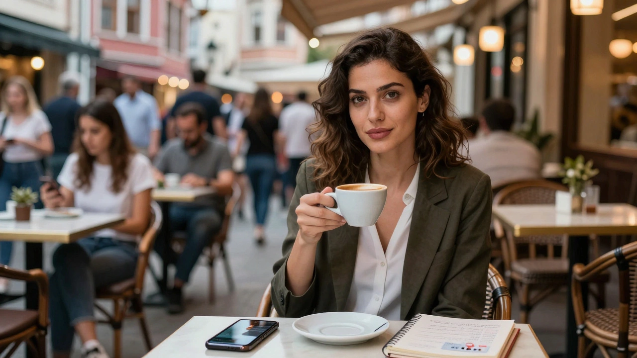 Ortaköy’deki bir kafede sakin bir kadın, güvenilir bir havada kahvesini içiyor.
