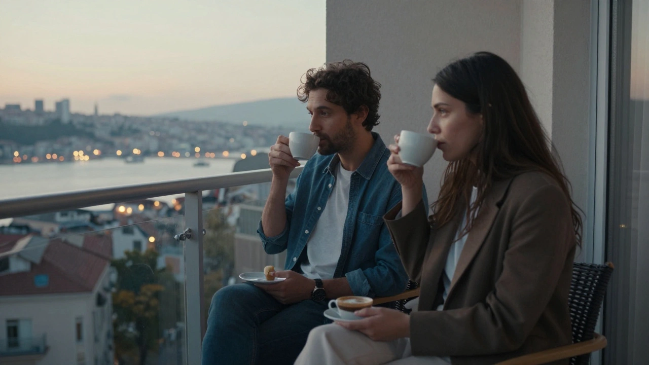 Sabahın ilk ışıklarında, Bosphorus manzaralı bir balkonda kahve içen iki kişi sessizce yan yana oturuyor.