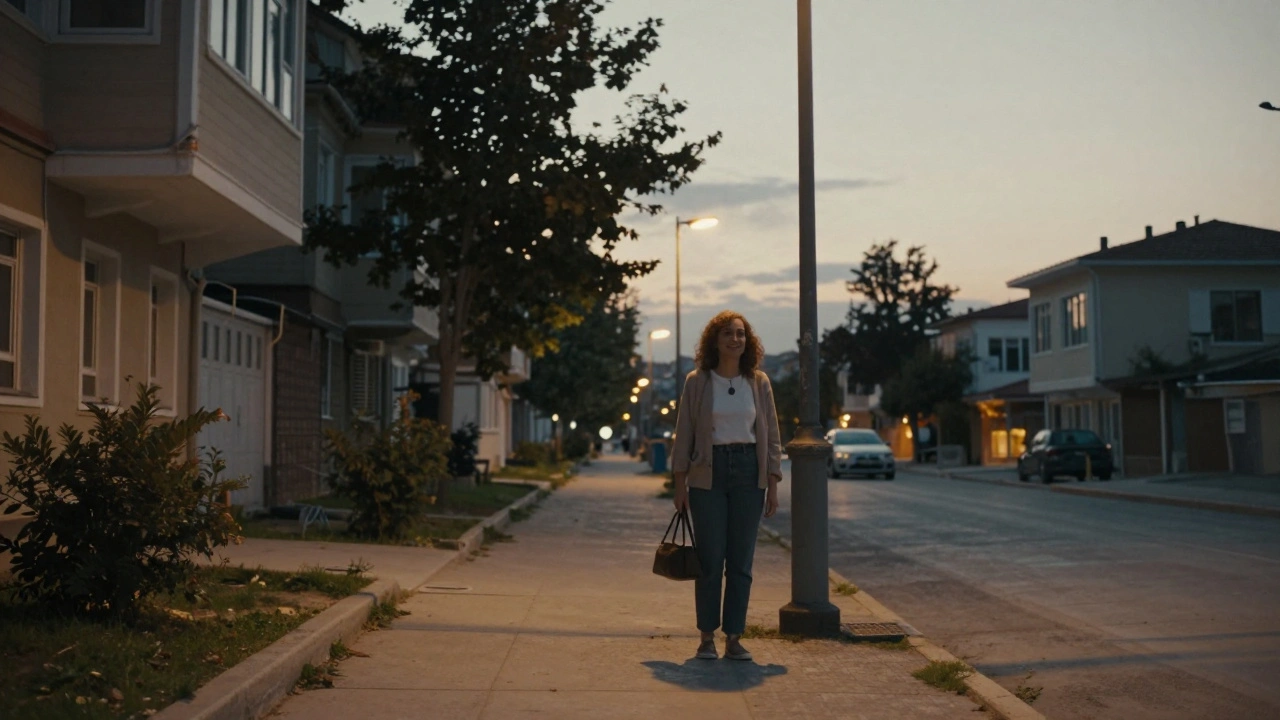 Sancaktepe'de sakin bir sokakta, akşam saatlerinde gülümseyen bir kadın.