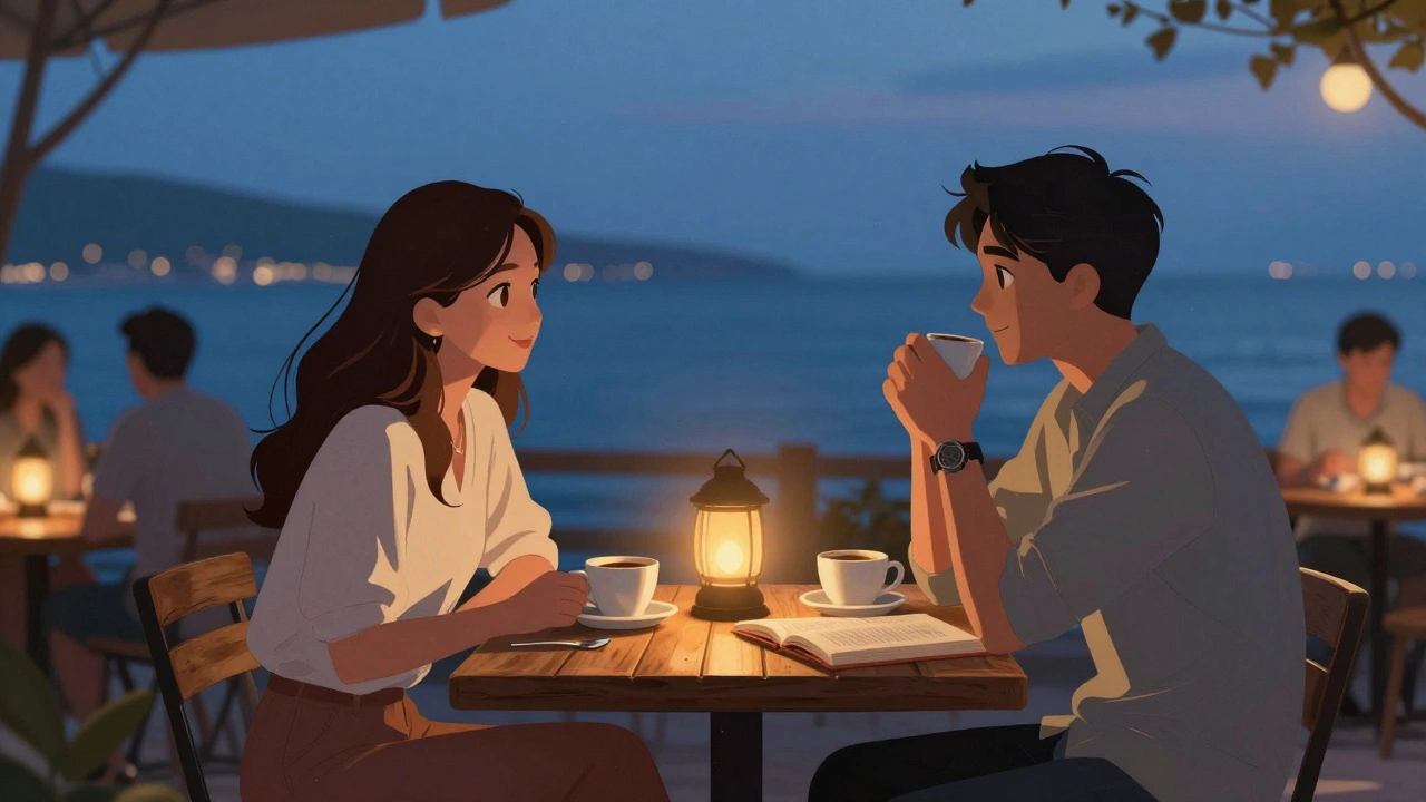 Silivri'de bir kafe terasında iki kişi kahve içiyor, kitap ve ılık ışıkla sessiz bir an paylaşıyor.