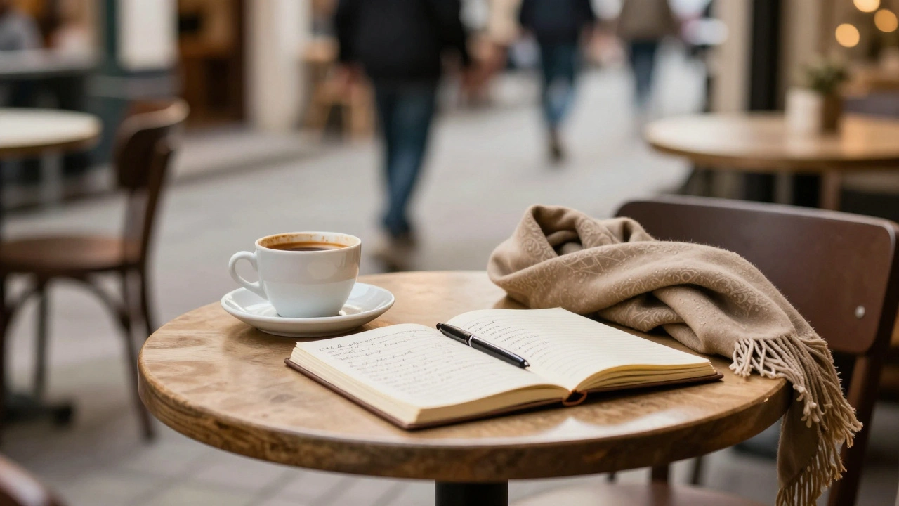 Silivri'de boş bir kafe masası, kahve kupası ve not defteriyle insan bağının izleri.