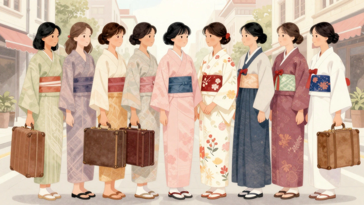 Tayland, Çin, Japonya, Vietnam ve Koreli kadınlar, miraslarını yansıtan giysilerle birlikte kentte duruyor.