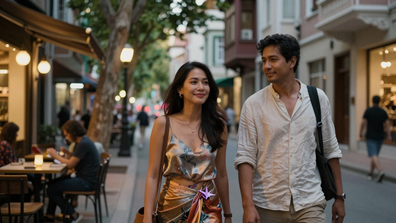 Taylandlı bir kadın ve İtalyan bir turist, Nişantaşı'da akşam yürüyüşü yapıyor.