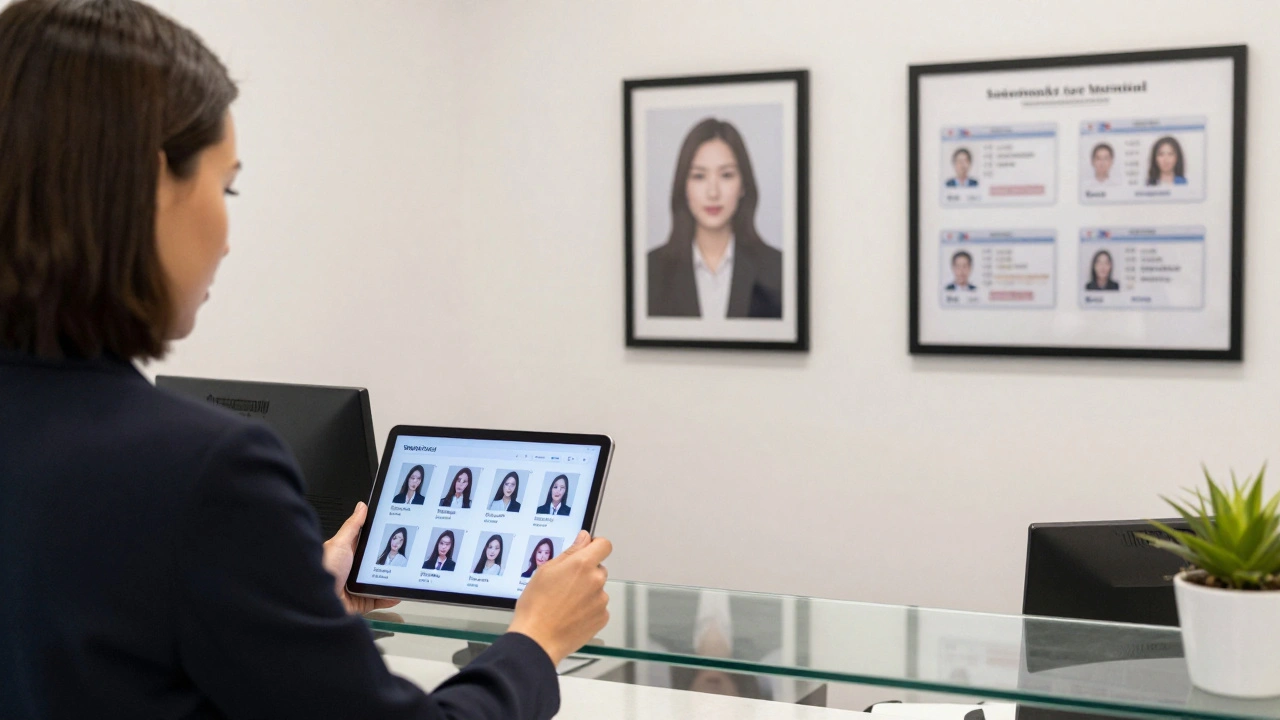 Bir escort ajansı ofisinde, Asyalı kadınların profilleri gösteriliyor.