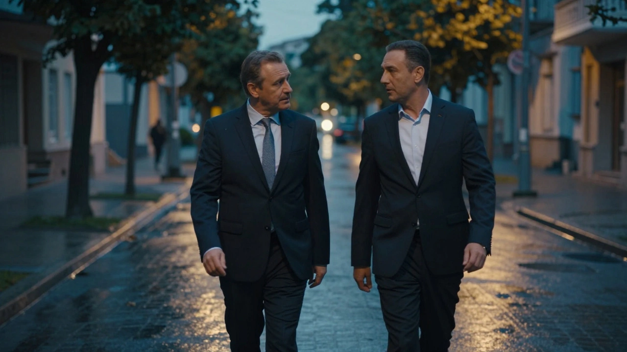 Bir kadın ve bir erkek, akşam saatlerinde sakin bir sokakta konuşarak yürüyor.