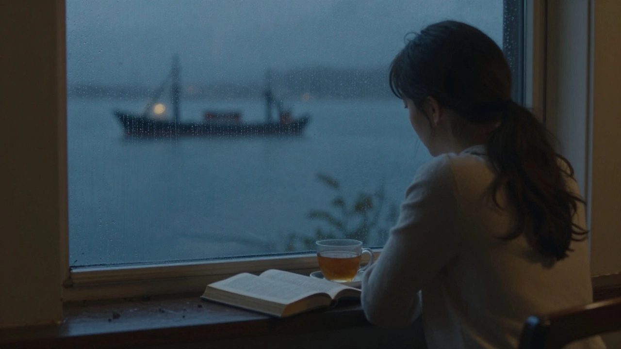 Bir kadın, yağmurlu bir gece penceresinin yanında oturuyor, hafif bir varlığın yanı başında olduğu hissi veriliyor.
